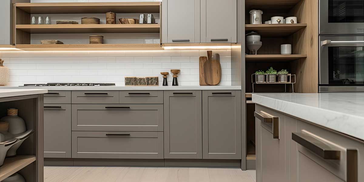 Modern grey modern kitchen cabinets with open wood shelving, illustrating a fully completed installation project and timeline for homeowners.